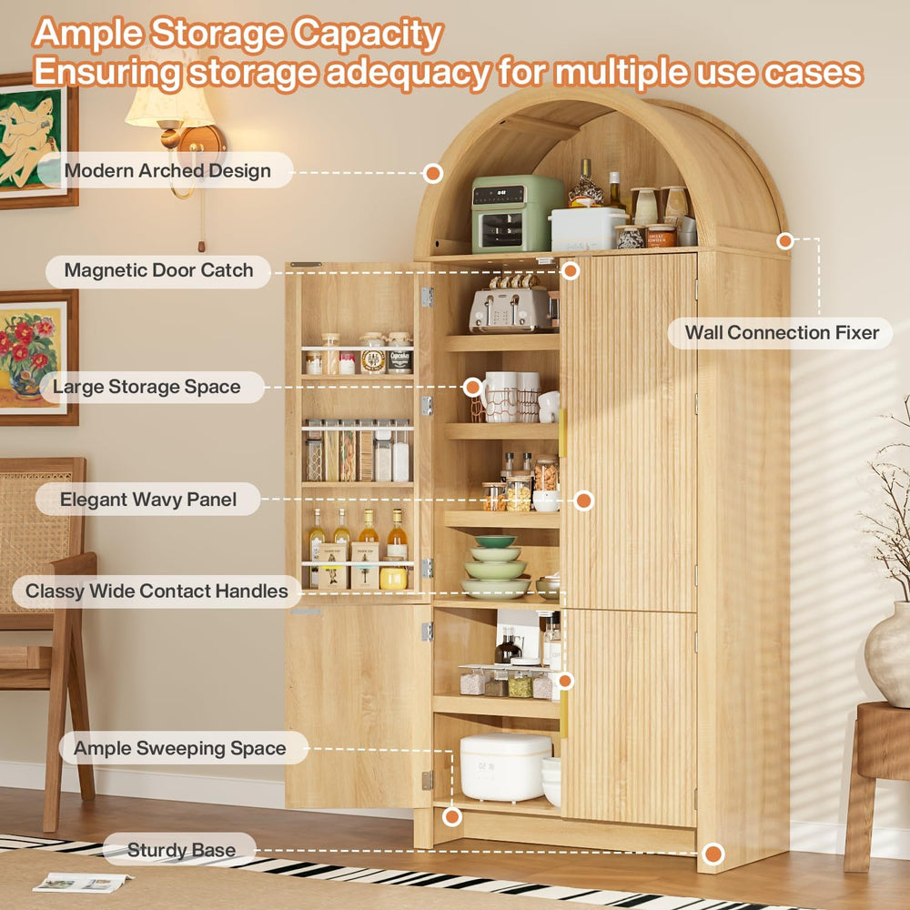PRETZI 71" Tall Arched Pantry Cabinet, Arched Fluted Kitchen Storage Cab...