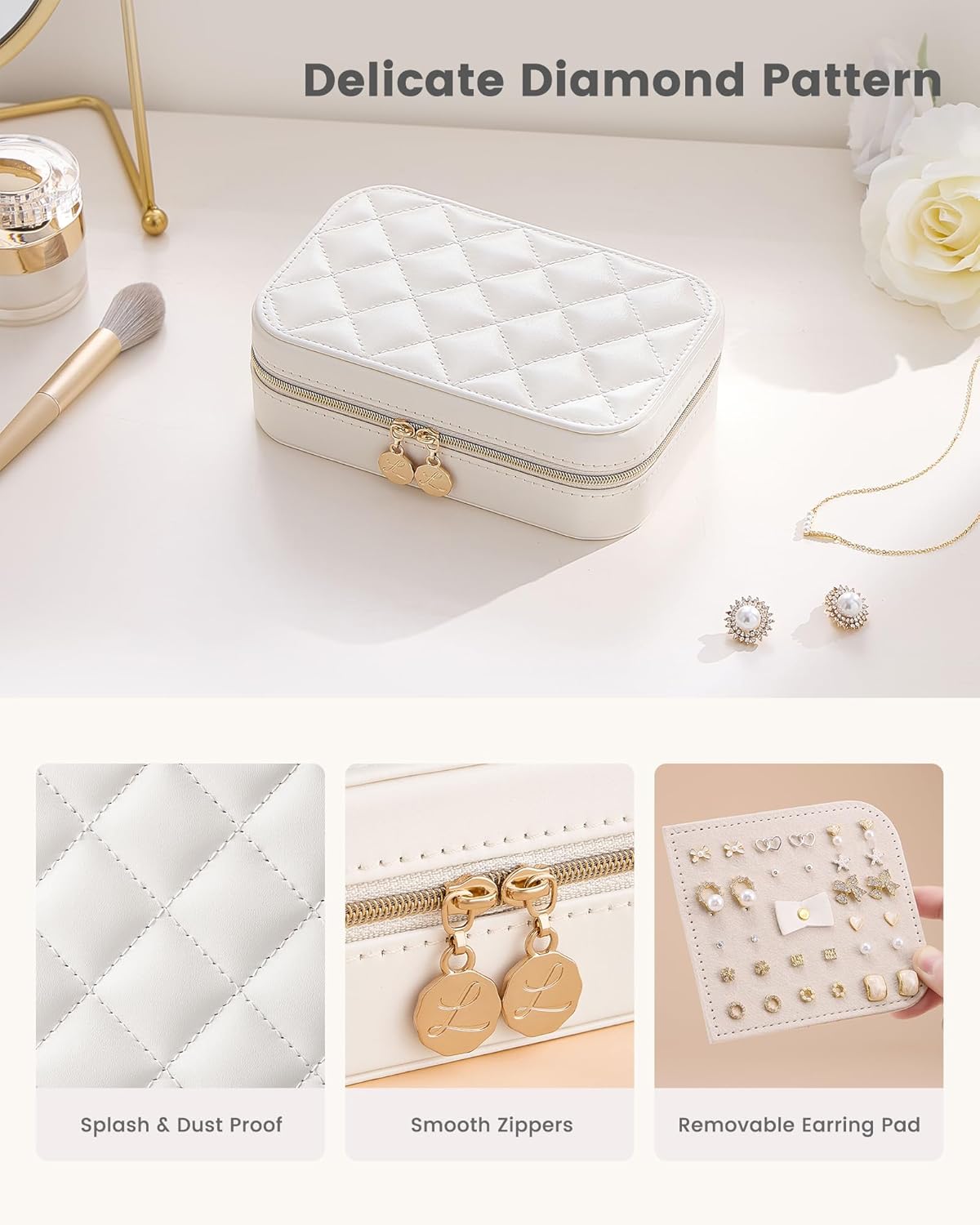 Lolalet Travel Jewelry Case for Women Girls, Travel Jewelry Organizer with Clear Storage Bag Small Portable Jewelry Box for Necklace Bracelet Earring Ring Valentines Bridesmaid Gifts -Medium/Beige