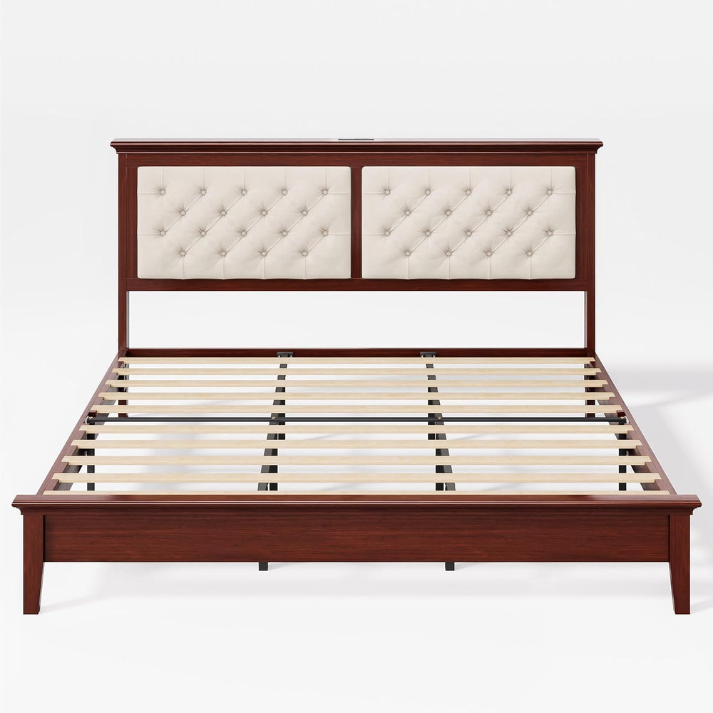 Lifezone Solid Wood King Bed Frame 46” Tall Diamond-Tufted Upholstered Headbo...