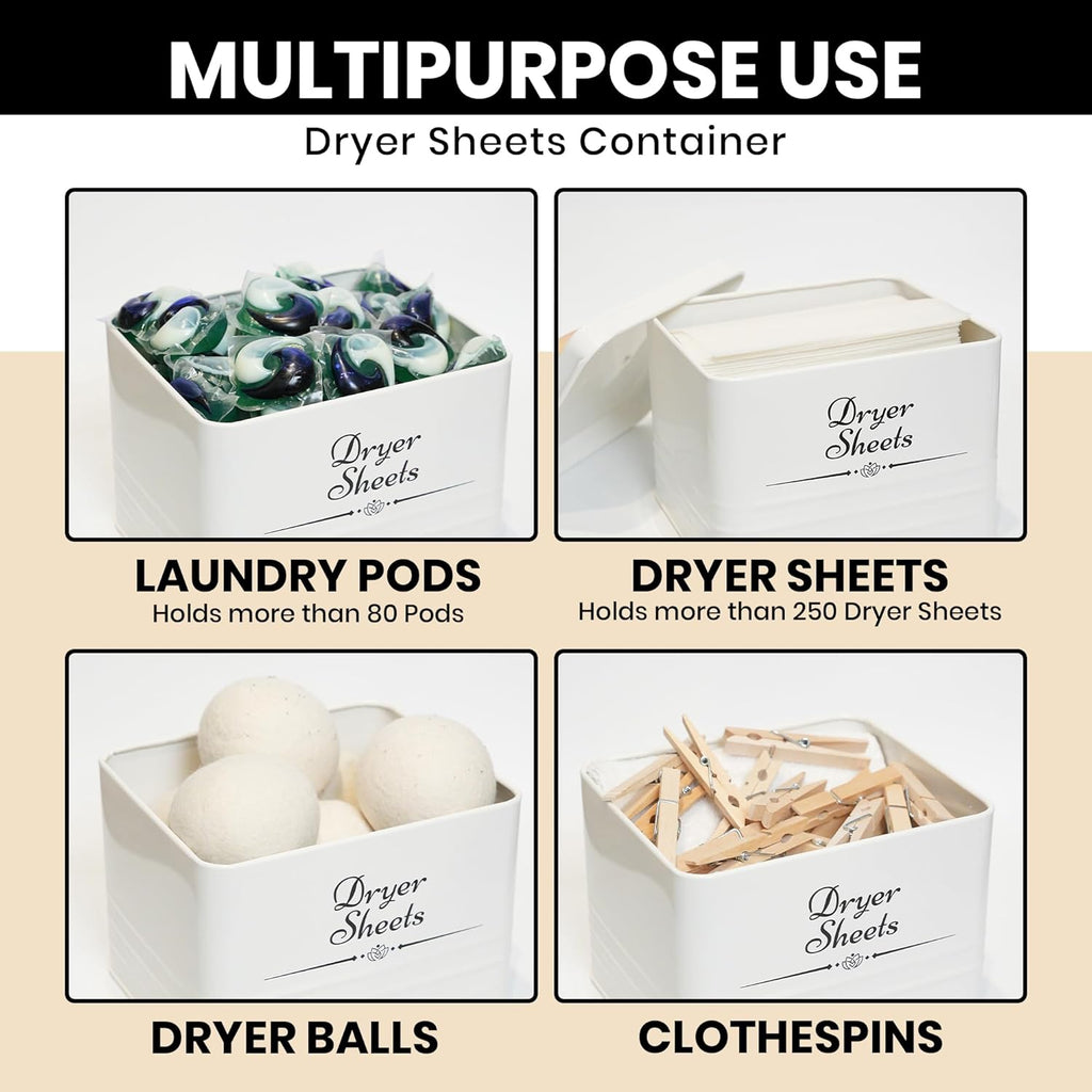 Farmhouse Metal Laundry Pods Container with Dryer Sheet Holder for Organization and Storage, Laundry Room Decor - Holds 156 Pods and 300 Sheets (White)