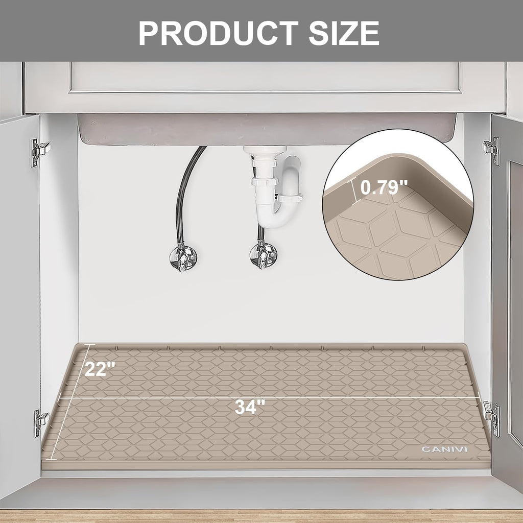 Under Sink Mat, 34" x 22" Waterproof Silicone Under Sink Tray for Kitchen & Laundry Cabinets, Kitchen Cabinet Shelf Protector, Up to 3.3 Gallons Liquid, Fits 36 inch Standard Cabinet(Grey)