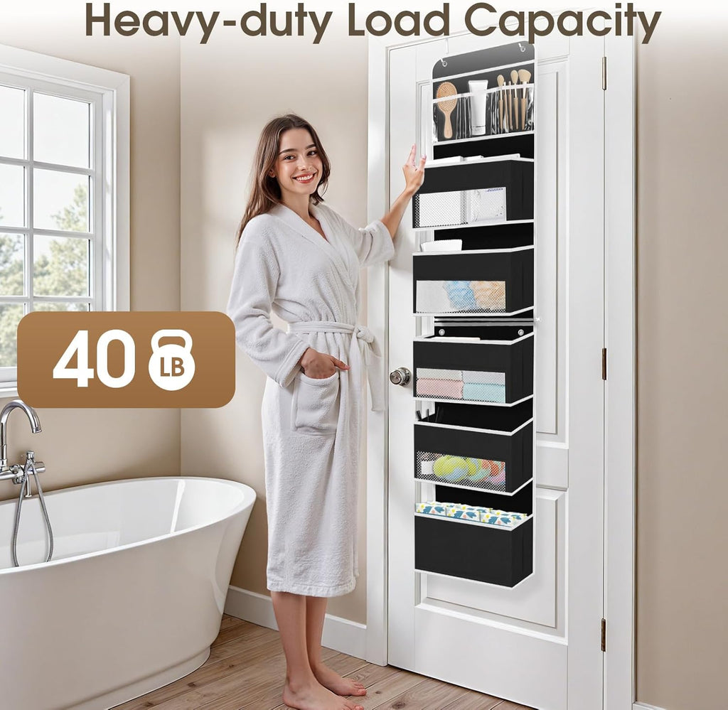 6-Tier Over The Door Organizer Hanging Storage Organizers with Clear Window 40lb Large Capacity Room Organizer for Pantry Bathroom Nursery Closet(Black)