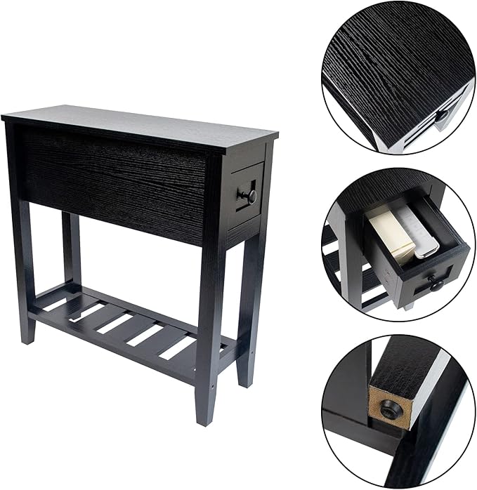 Narrow End Table, Black Side Table with Drawer, Slim Bed Side Table for Small Space/Night Stand Set of 1, Side Table for Couch