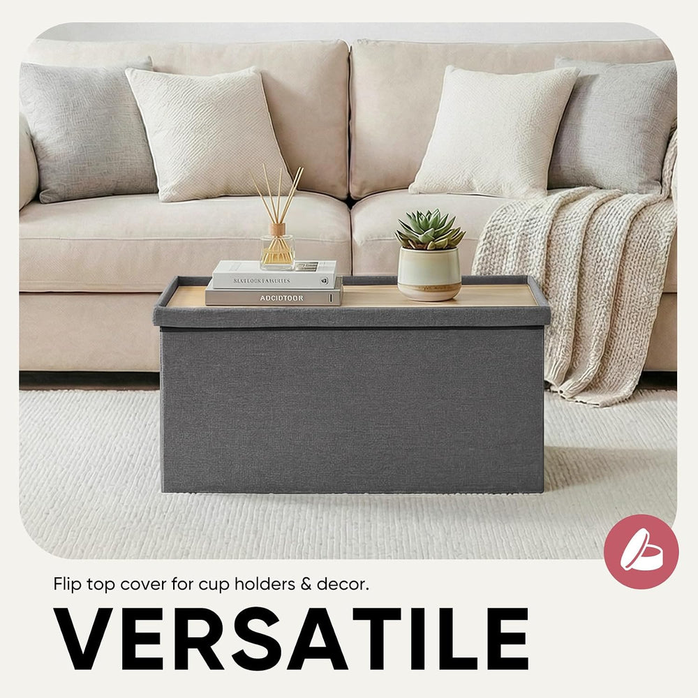30 Inch Folding Storage Ottoman with Reversible Lid Coffee Table, Linen Fabri...