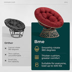 Bme 40" Ergonomic Wicker Papasan Chair with Soft Thick Density Fabric Cushion, High Capacity Steel Frame, 360 Degree Swivel for Living, Bedroom, Reading Room, Lounge, Cherry Sangria-Brown Base