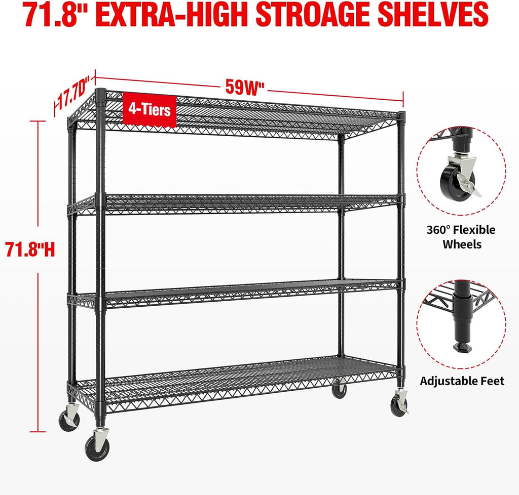 71" H Storage Shelves 2640LBS Heavy Duty Shelving Unit with Wheels & Feet, 4-Tiers Garage Shelving for Pantry Garage Kitchen Home Commercia, 71.8" H x 59" W x 17.7" D