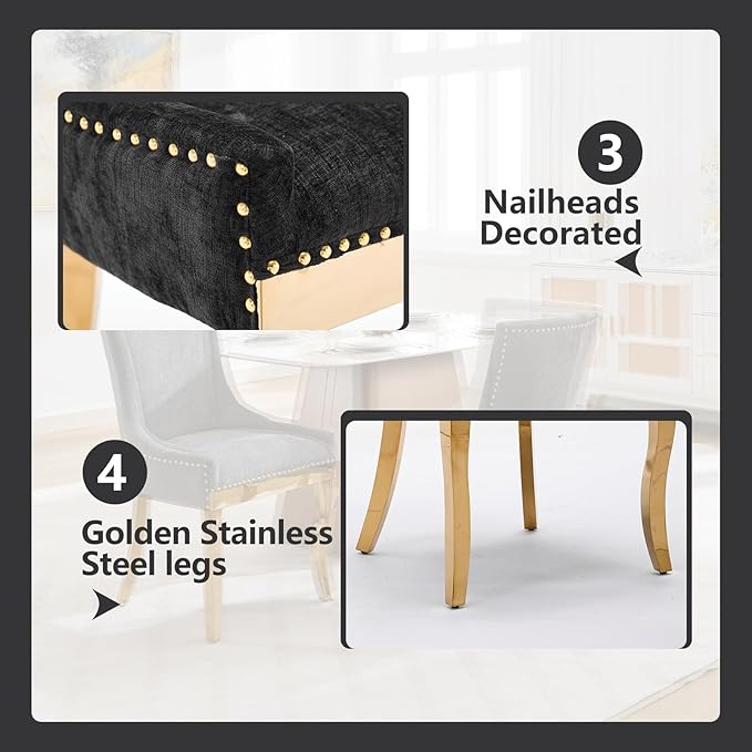 Upholstered Dining Chairs Set of 2, Modern Fabric Side Chairs with Gold Stainless Steel Legs, Accent Kitchen Chairs for Dining Room Table, Black
