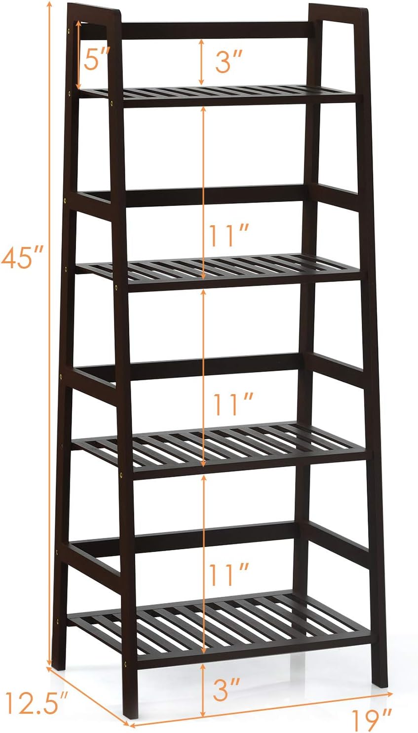 Giantex 4-Tier Ladder Shelf, Multifunctional Ladder-Shaped Bookcase Storage Shelves, Bamboo Plant Stand Flower Pots Holder, Display Rack for Living Room Bathroom Bedroom Kitchen (Espresso)