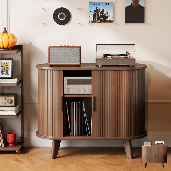Record Player Stand, Midcentury Modern Furniture Turntable Stand with Sliding Doors, Audio-Video Shelving Cabinet, Fluted Media Stand and TV Stand for Living Room, Bedroom (Walnut) (Medium)