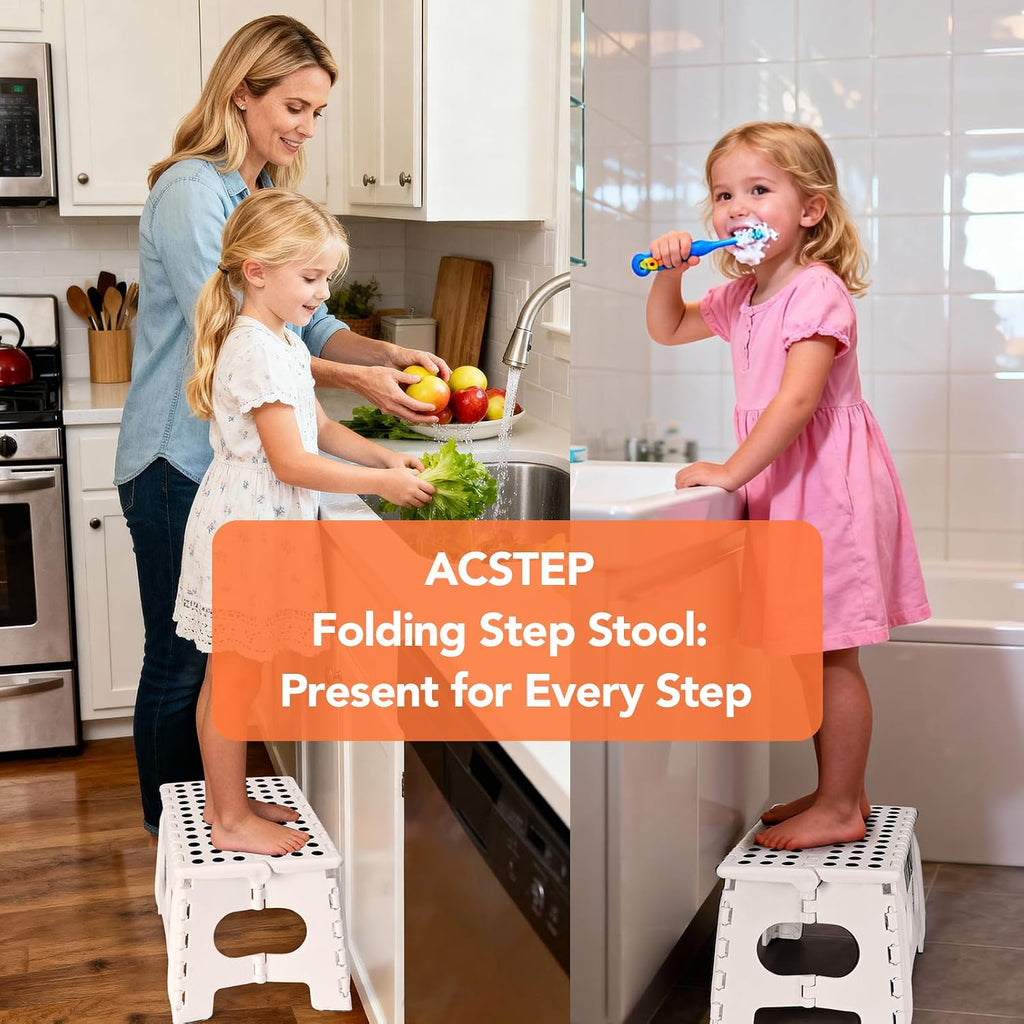 ACSTEP 9 Inch Wide and 9 Inch Folding Step Stool 2-Piece Set, 300 LB Capacity Plastic Foldable Stools with Handle, Non-Slip Step Stool, Home Use (White & White)