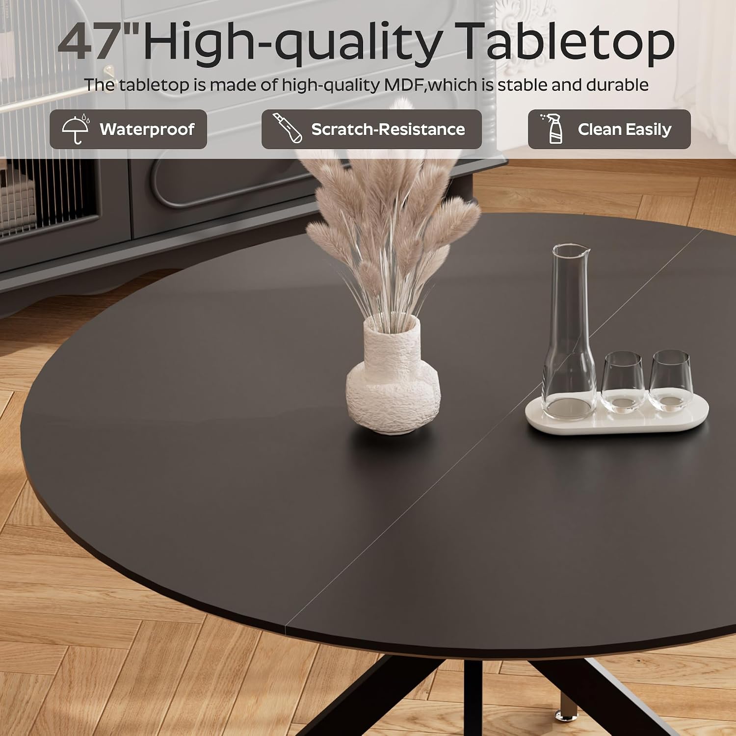 RGZ 47" Round Dining Table Set for 4, 5 PCS Modern Wooden Black Circle Kitchen Table with Steel Legs & 4 Green Velvet Upholstered Chairs for Dining Room, Living Room, Kitchen