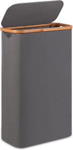 Slim Laundry Basket,60L Laundry Hamper with Lid, Tall Hamper for Laundry,Dirty Cloth Hamper with Bamboo Handle for Toys,Towels, Clothes Organizing,Grey