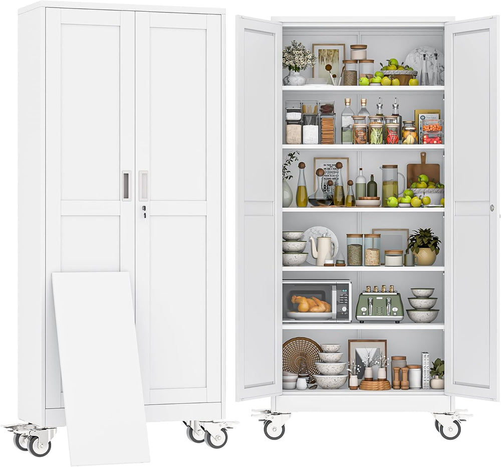 75" H Metal Pantry Storage Locker Cabinet with Wheels,Rolling Kitchen Pa...