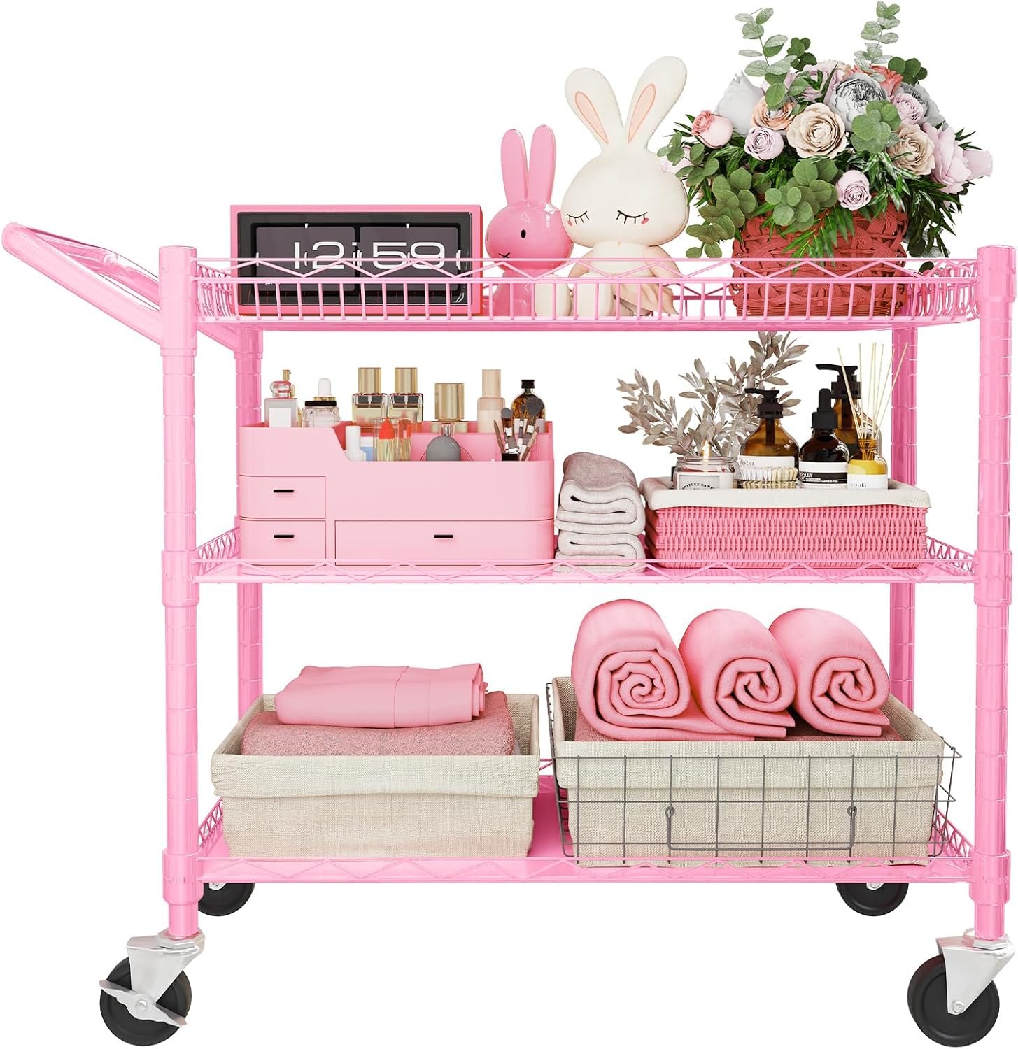 YNN Pink Rolling Cart, 990Lbs 3 Tier Heavy Duty Metal Cart with Wheels & Handle NSF Wheeled Cart 31" D x 18" W x 33" H for Bedroom, Bathroom, Kitchen,Garden,Decor,Serving