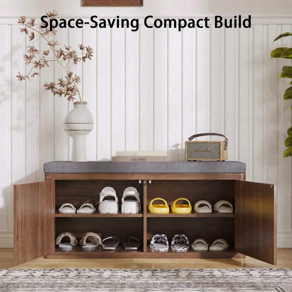Shoe Cabinet Bench with Cushion,Double Layered Wooden Shoe Bench with Soft Cu...