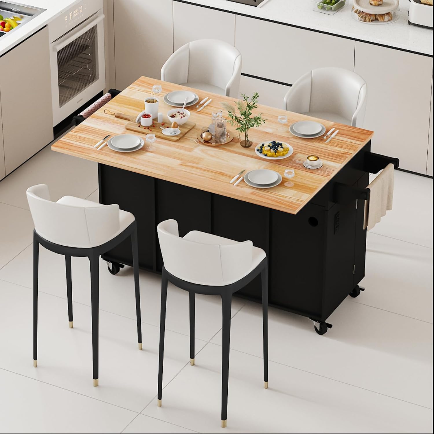 59’’ Rolling Kitchen Island Cart with Drop Leaf and Power Outlet, Movable Kitchen Islands with 3-Tier Door Storage Shelf, Island Table on Wheels, 2 Large Drawers, Towel Racks, Black