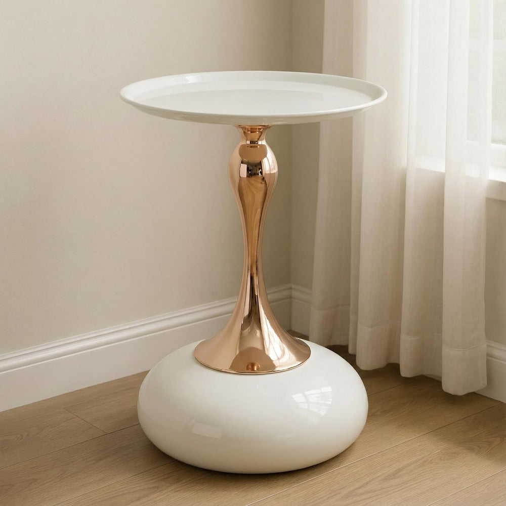 Round Side Table, White and Rose Gold, Cocktail End Table for Living Room, 14...