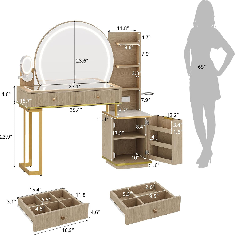 iPormis Makeup Vanity Desk with Round Mirror and Lights, Glass Top Vanity Tab...