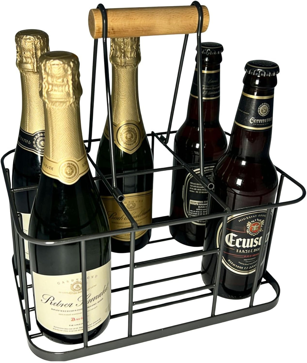 Metal Wine Bottle Carrier, 6 Bottle Wine Basket, Vintage Metal Bottle Holder with Wood Handle for Farmhouse Decorative Bar BBQ Picnic