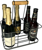 Metal Wine Bottle Carrier, 6 Bottle Wine Basket, Vintage Metal Bottle Holder with Wood Handle for Farmhouse Decorative Bar BBQ Picnic