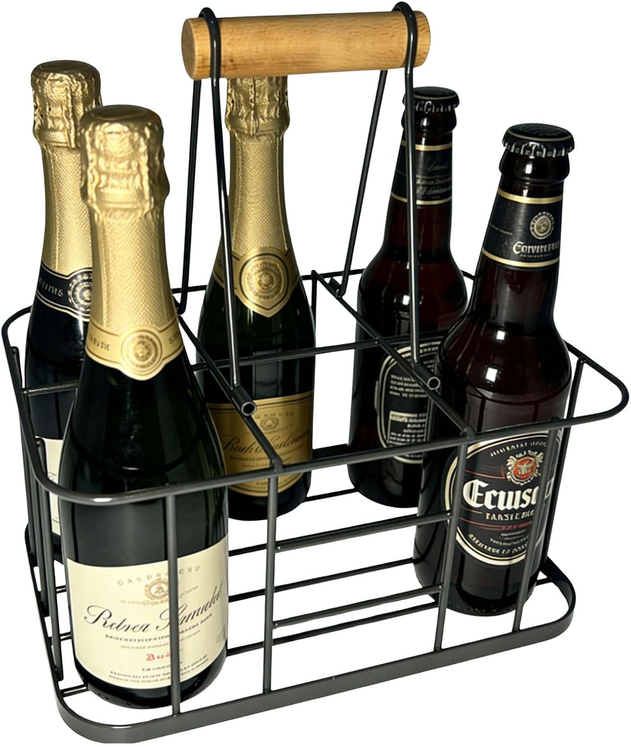 Metal Wine Bottle Carrier, 6 Bottle Wine Basket, Vintage Metal Bottle Holder with Wood Handle for Farmhouse Decorative Bar BBQ Picnic