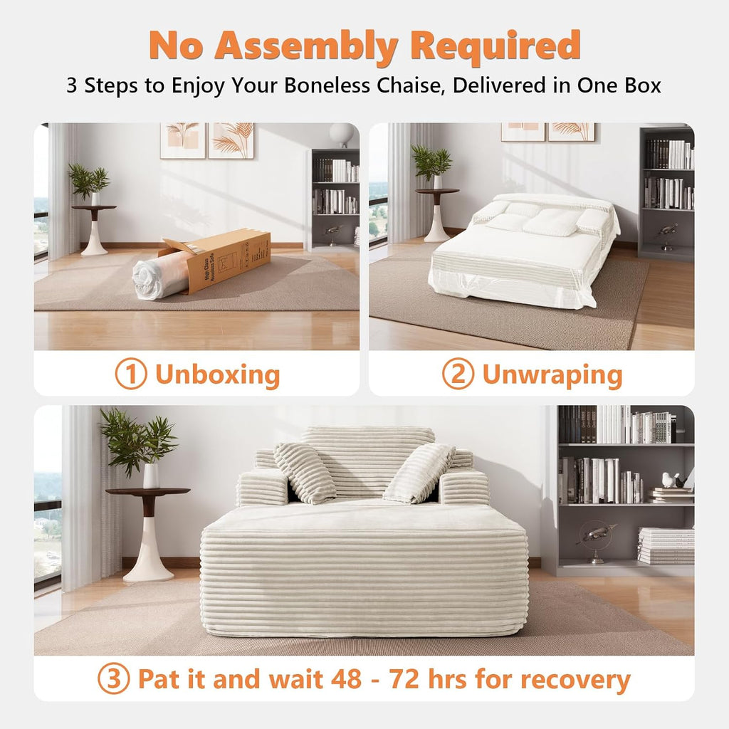 Boneless Chaise Lounge, 67" Oversized Chaise Lounge Chair Indoor with Side Pockets&Wide Armrests, Deep Seat Sleeper Sofa Bed, Cloud Corduroy Couch (Off-White, with Pockets)