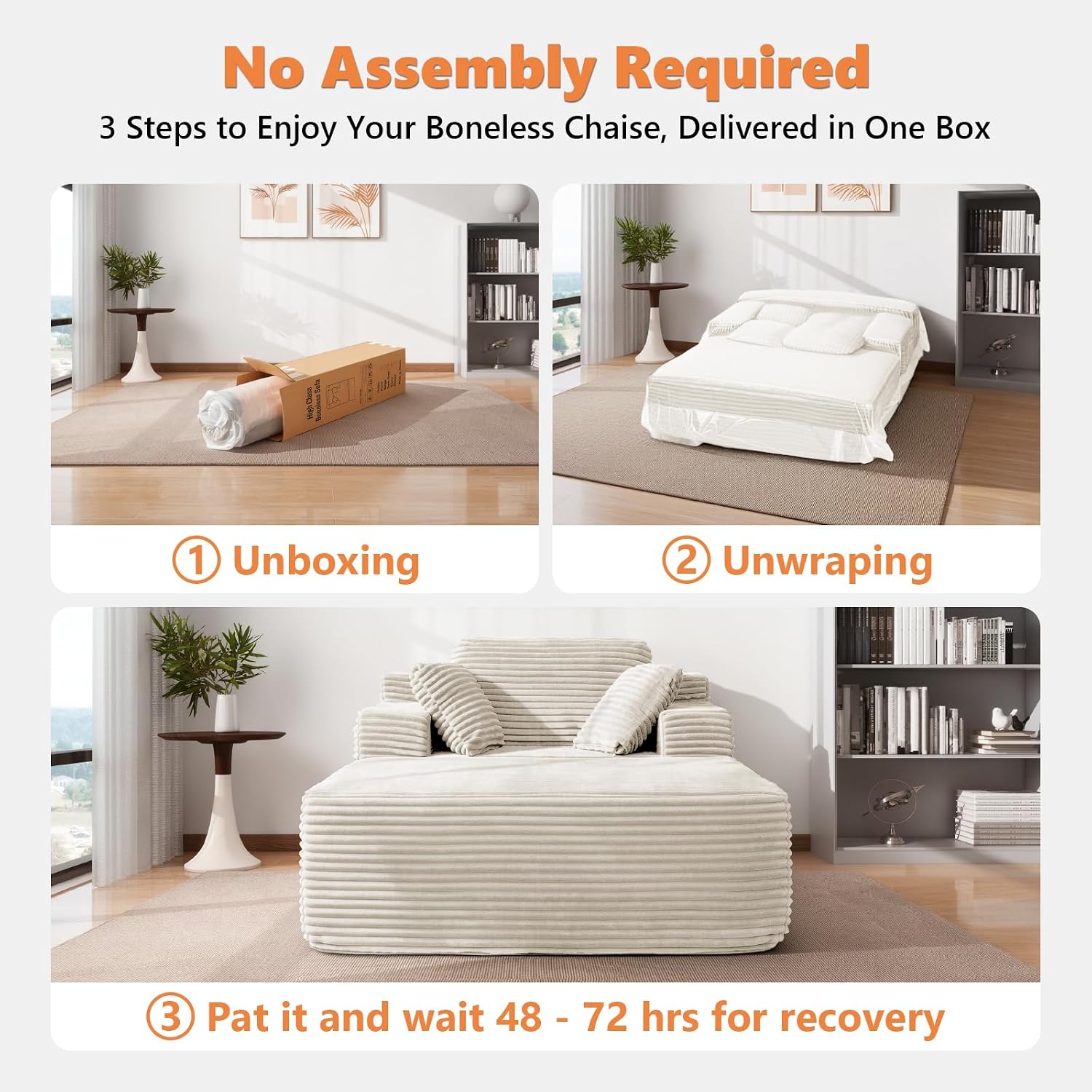 Boneless Chaise Lounge, 67" Oversized Chaise Lounge Chair Indoor with Side Pockets&Wide Armrests, Deep Seat Sleeper Sofa Bed, Cloud Corduroy Couch (Off-White, with Pockets)