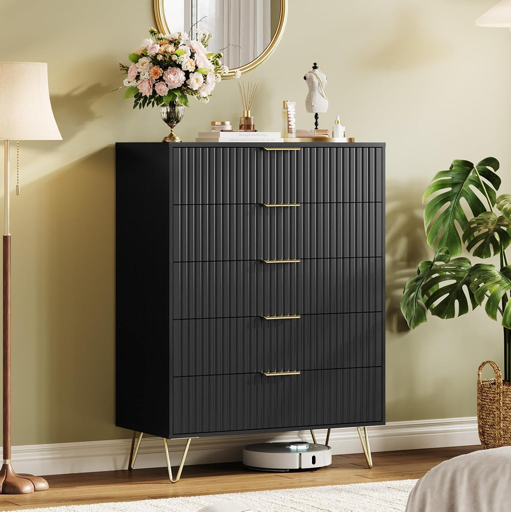 Garvee Fluted Dresser for Bedroom with 5 Drawers,32" Wide Modern Chest of Wooden Bedroom Chest with Metal Handle,Wide Clothes Storage Organizer,Closet Dresser & TV Stand for Living Room,Hallway,Black