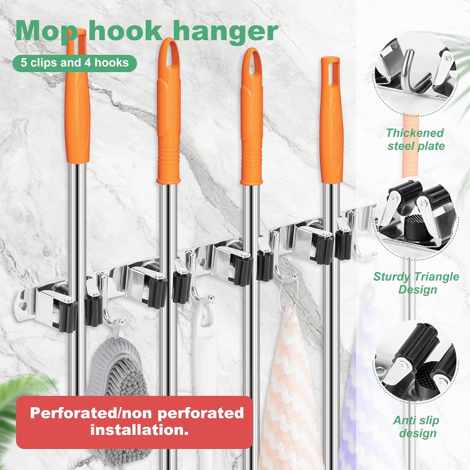 3 Pack Broom Holder Wall Mount 5 Racks 4 Hooks Stainless Steel Broom Mop Holder Anti Slip Storage Rack Strong Load Bearing Waterproof Broom and Mop Organizer Wall Hanging for Bathroom Kitchen Garage