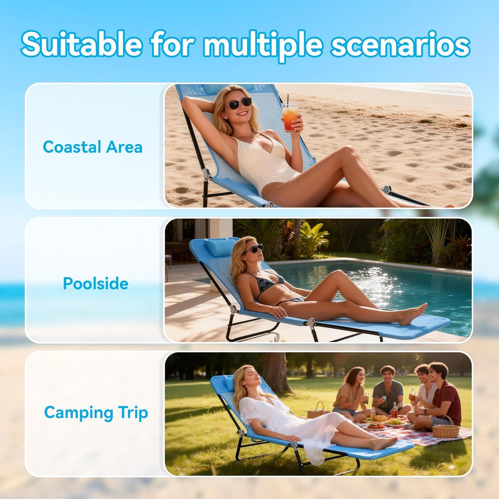 Outdoor Chaise Lounge with Detachable Pillow, Reclining Folding Chair with 5-...