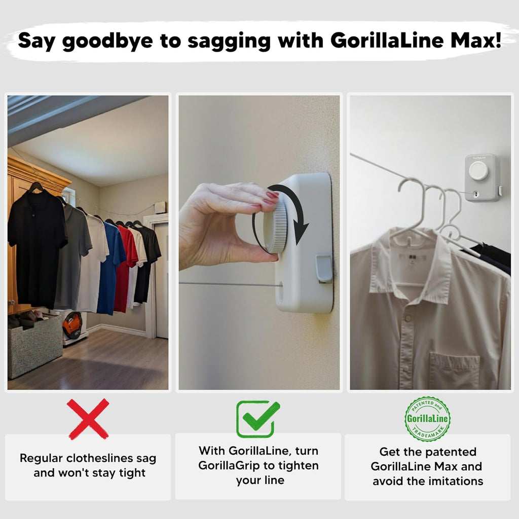 GorillaLine Max - Retractable Clothesline Indoor Outdoor Clothes Line - Heavy Duty Clothes Drying Laundry Line - Wall Mounted Drying Rack - Air Dry Clothing - Max Tighten with GorillaGrip
