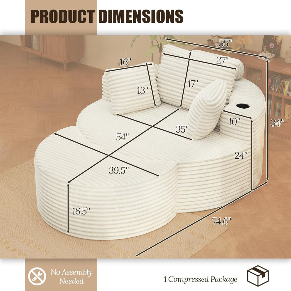 Round Chaise Lounge with Ottoman, Cloud Corduroy Curved Reading Lounge Sofa C...