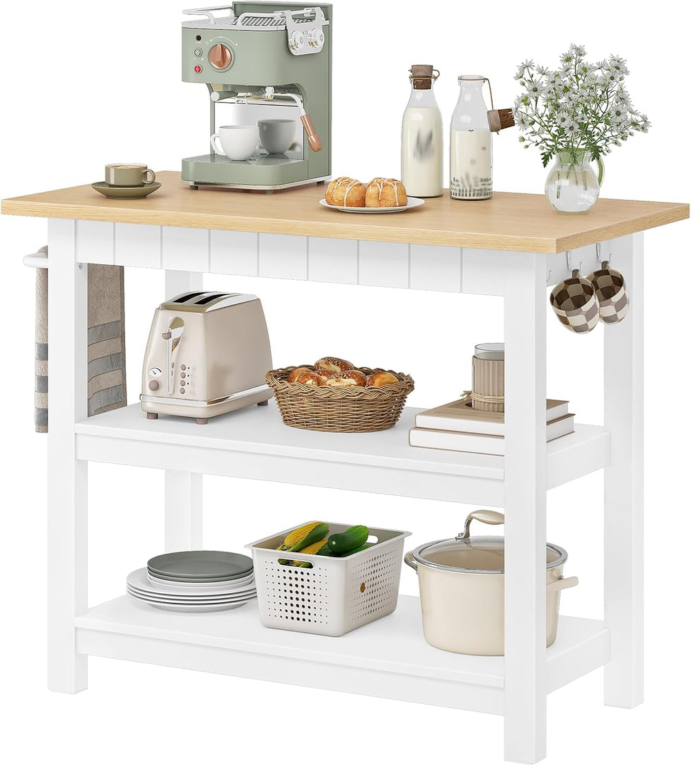 CHOEZON Kitchen Island with 3-Tier Storage and Hooks, White and Natural | 39....