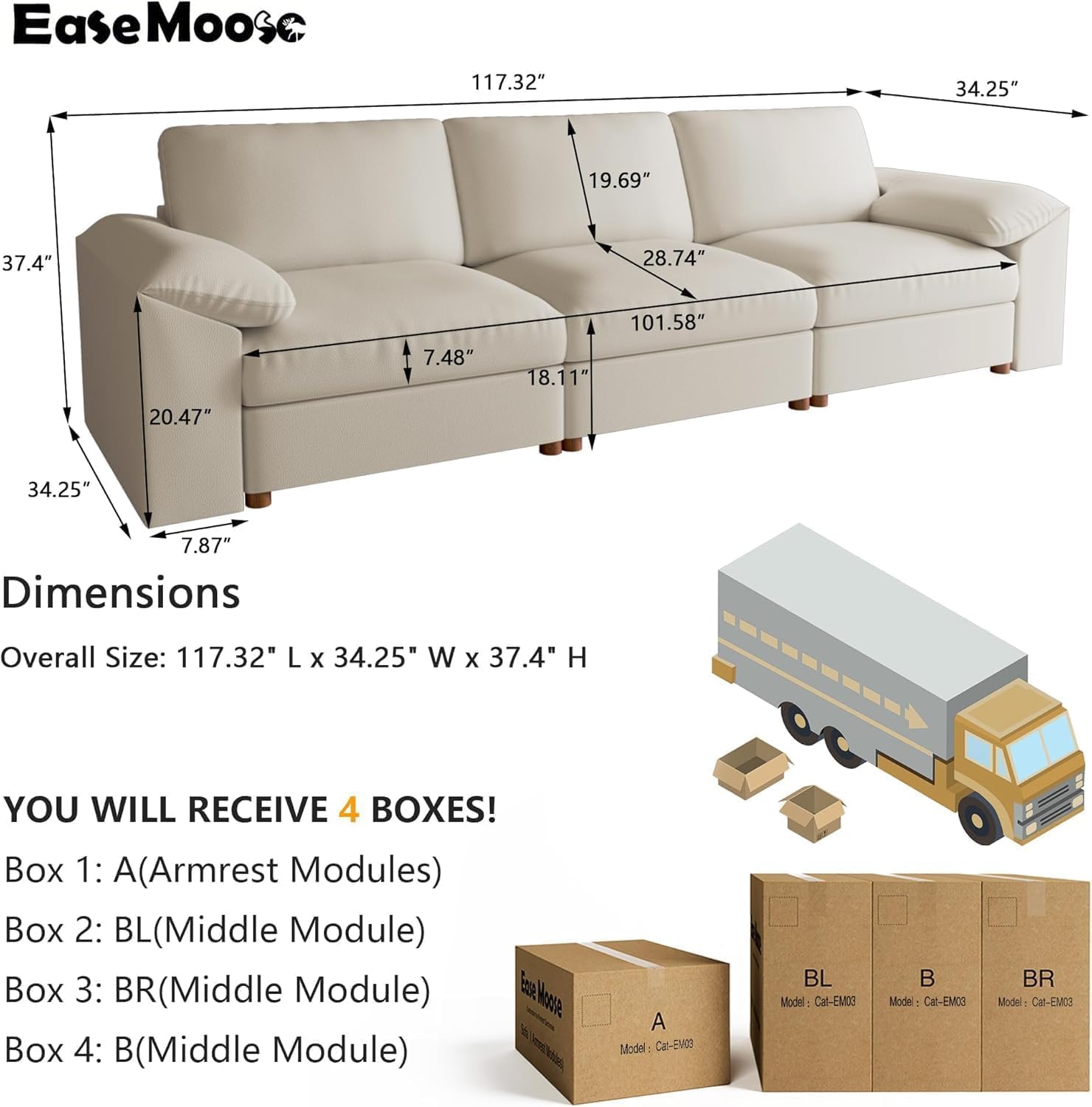 EASE MOOSE Sectional Faux Leather Sofa, Scratch Resistant Couch, 3-Seater Oversized Modular Sofa, Modern Comfy Sofas Deep Seats for Small Spaces, Beige