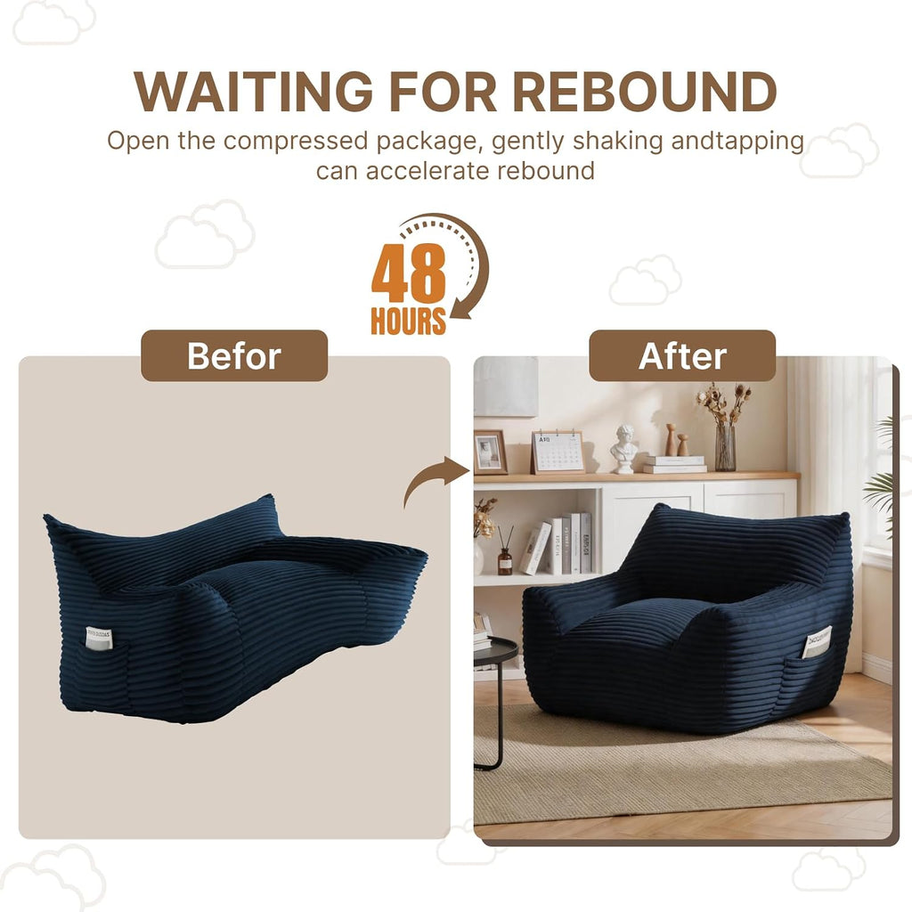 Bean Bag Chair for Adults & Kids, Giant Bean Bag Sofa with Side Pocket, Corduroy Beanbag Chair with Armrests, Comfy Stuffed Floor Sofa for Living Room Bedroom Dorm, Blue