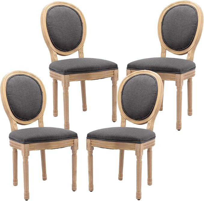 French Country Dining Chairs Set of 4,Farmhouse Upholstered Dining Room Chairs with Round Back and Solid Leg,Fabric Kitchen Side Chairs for Kitchen/Bedroom/Dining Room,Gray