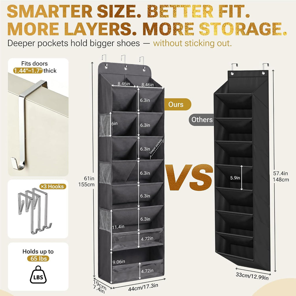 8 Tier Hanging Shoe Organizer for Closet, Over the Door Shoe Organizer with Deep 120D Extra Thick Pockets, Shoe Rack for Closet & Entryway, with 6 Side Pockets for Boots (Transparent)