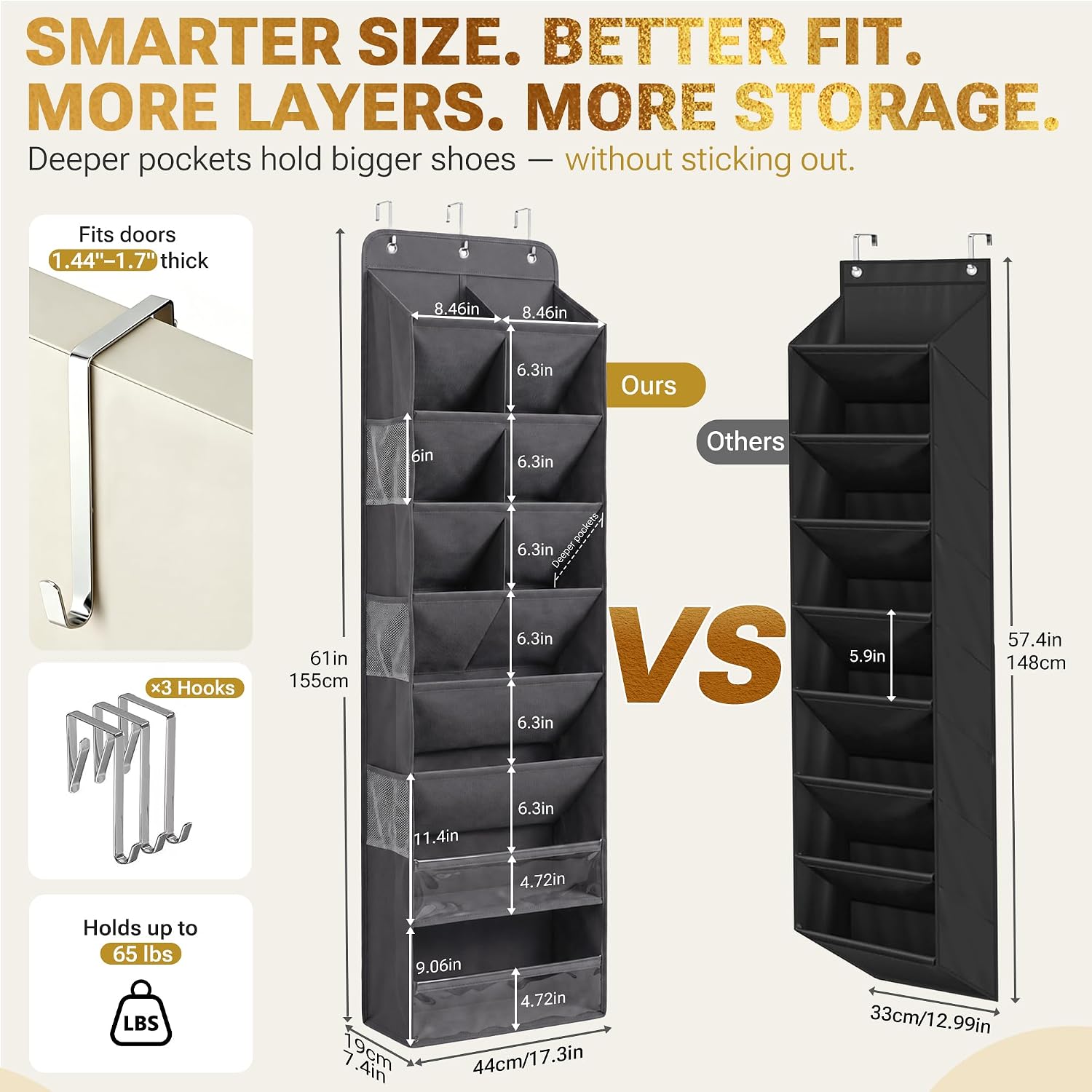 8 Tier Hanging Shoe Organizer for Closet, Over the Door Shoe Organizer with Deep 120D Extra Thick Pockets, Shoe Rack for Closet & Entryway, with 6 Side Pockets for Boots (Transparent)