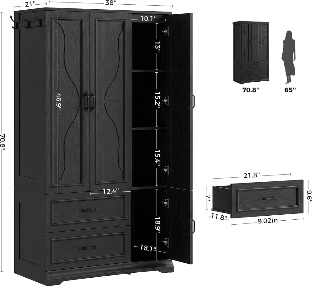 LIKIMIO Armoire Wardrobe Closet with 4 Doors and Drawers, Black