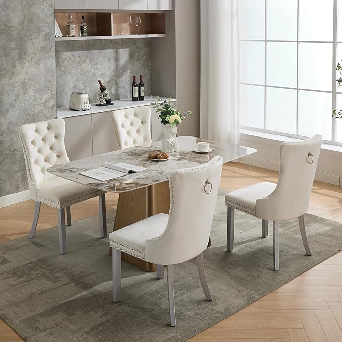 Velvet Dining Chairs Set of 4, High-end Tufted Upholstered Dining Chair with Back Ring Pull, Nailhead Trim and Silver Solid Wood Legs, Modern Dining Room Chairs for Dining Room, Cream