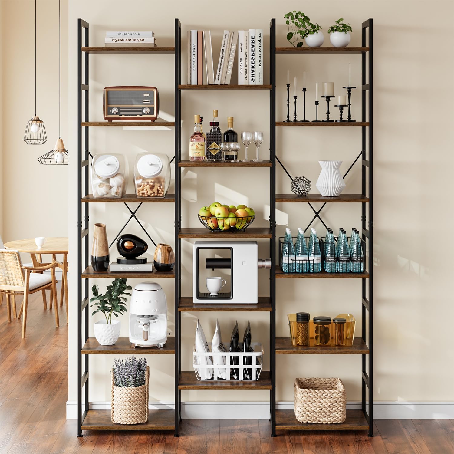 NUMENN Triple Column 6 Tier Bookshelf, Bookcase with 17 Open Display Shelves, Adjustable Rustic Industrial Style Book Shelves, Modern Bookshelves for Bedroom, Living Room and Home Office, Vintage