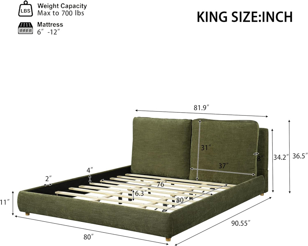 Merax King Linen Blend Platform Bed with 2 Headboard Pillows, Olive Green