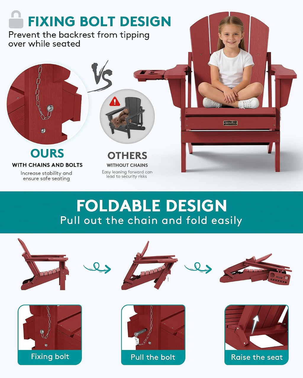 SERWALL Folding Adirondack Chair, 4 in 1 Cup Holder Wood Texture - Red | Outdoor Adirondack Chairs, Plastic Fire Pit Chair with Wood Texture, 4 in 1 Tray, Lawn Chair, Backyard Patio Seating