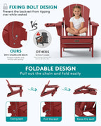 SERWALL Folding Adirondack Chair, 4 in 1 Cup Holder Wood Texture - Red | Outdoor Adirondack Chairs, Plastic Fire Pit Chair with Wood Texture, 4 in 1 Tray, Lawn Chair, Backyard Patio Seating