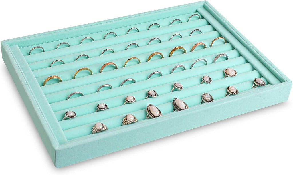 Frebeauty Stackable Velvet Jewelry Organizer Trays for Drawers Inserts Jewelry Storage Tray Display Case, Stud Earrings Bracelets Necklace Rings Accessories Trays for Women(Set of 4)(Turquoise)