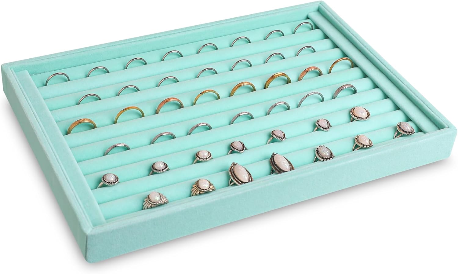 Frebeauty Stackable Velvet Jewelry Organizer Trays for Drawers Inserts Jewelry Storage Tray Display Case, Stud Earrings Bracelets Necklace Rings Accessories Trays for Women(Set of 4)(Turquoise)