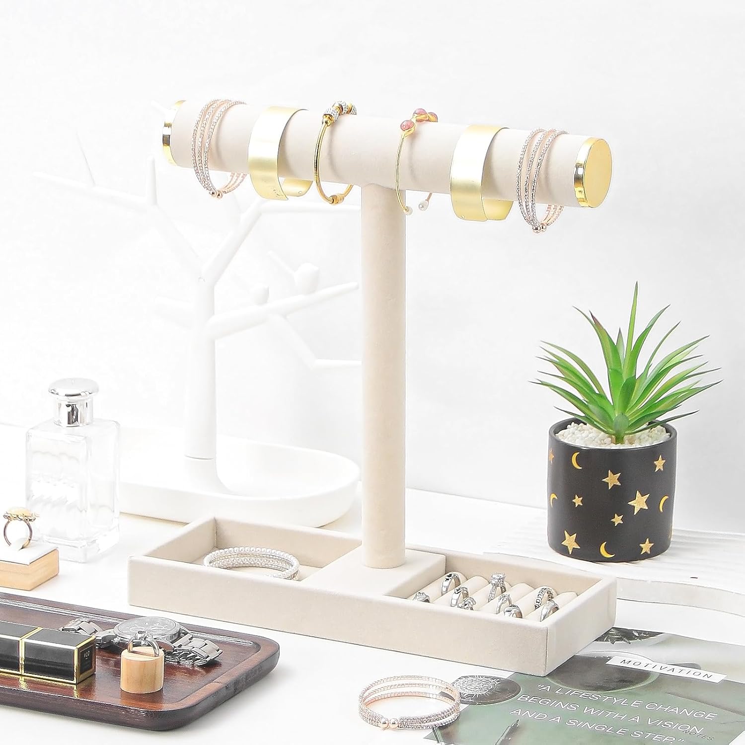 Necklace Display Holder, Bracelet Organizer Stand with Earrings Tray and Metal Lid, Jewelry Scrunchie Watches Tray Rack for Women Home Desk (Beige)