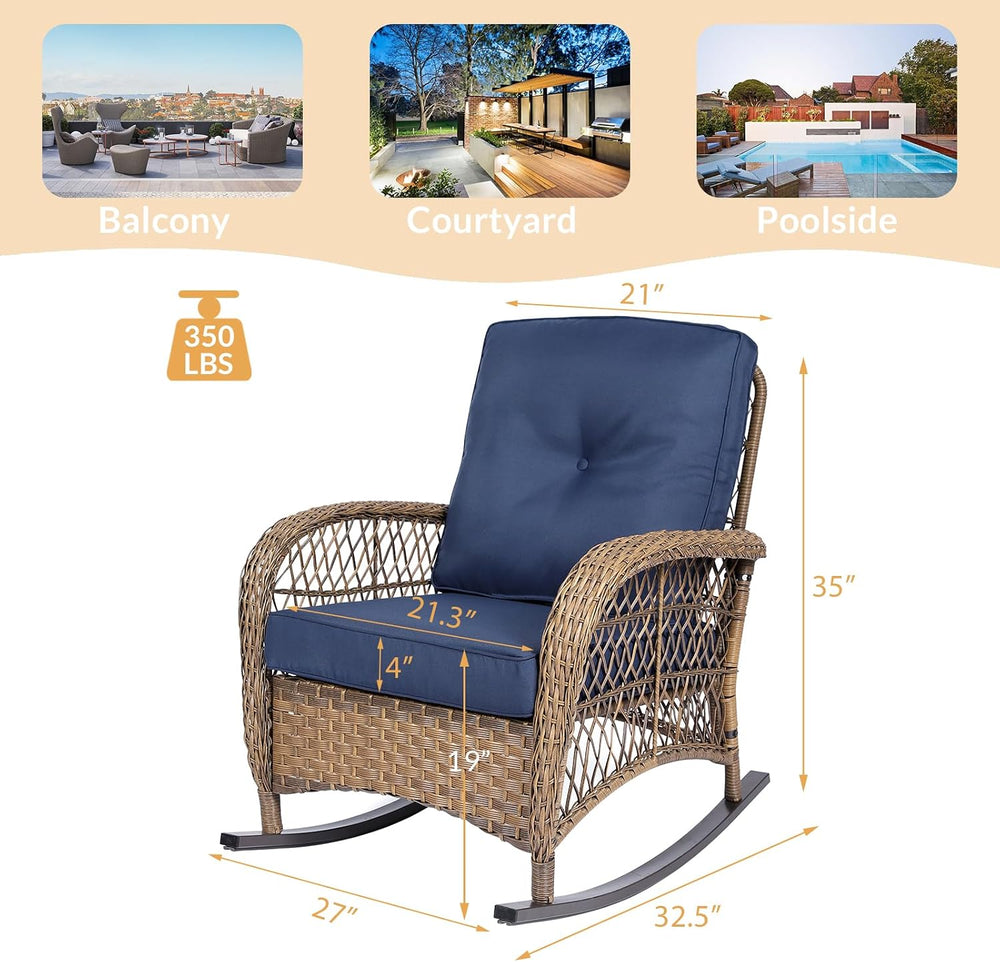 Outdoor Wicker Rocking Chair with Thickened Cushions, All-Weather Rattan Pati...