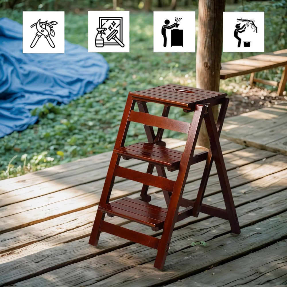 3 Step Stool Wooden Folding Ladder Chair Thickened Library Stair Chair Portab...