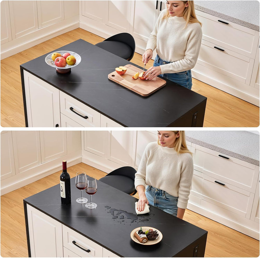Kitchen Island with 2 Storage Cabinets & 4 Drawers, Black+Imitation Marbl...